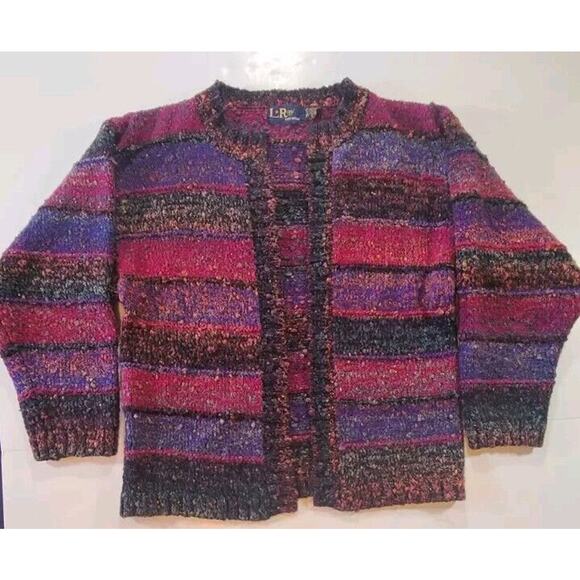 Vintage 80s Leroy Knitwear Chunky Knit Open Cardigan Sz LG Jewel Tones Cozycore - Picture 7 of 11